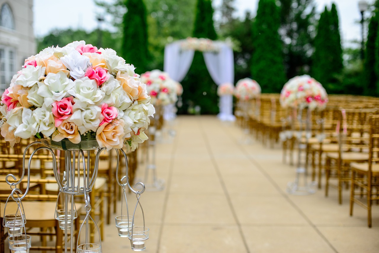 wedding, aisle, nature, flower arrangement, bloom, blossom, bouquet, celebration, chairs, beautiful flowers, flower background, decoration, flora, flowers, roses, flower wallpaper, event, wedding photography, wedding preparations